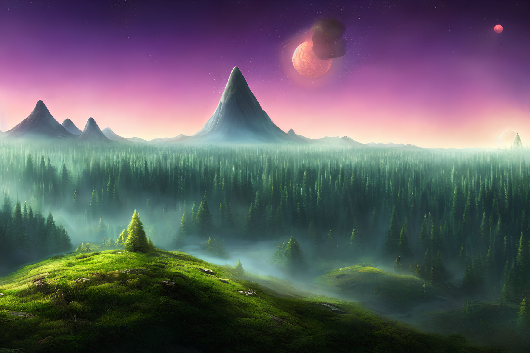 Fantasy landscape with lush forests, pointed mountains, and dual moons