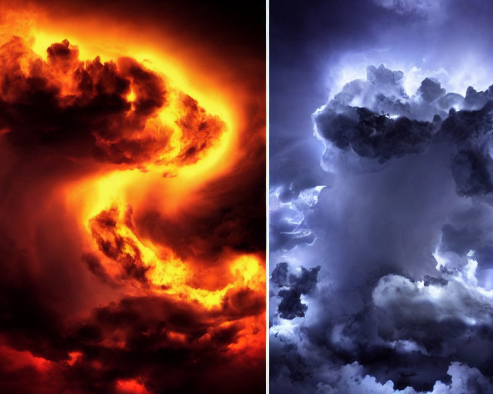 Contrasting split-view image of fiery red and calm blue cloudscape