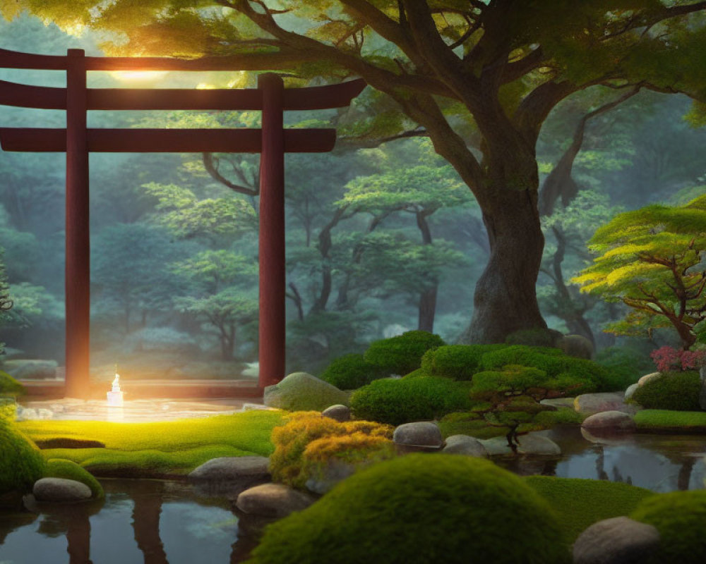 Tranquil Japanese garden at sunset with red torii gate, pond, mossy rocks, and