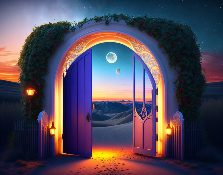 Blue ornate door in sand dunes under twilight sky with full moon and lanterns.