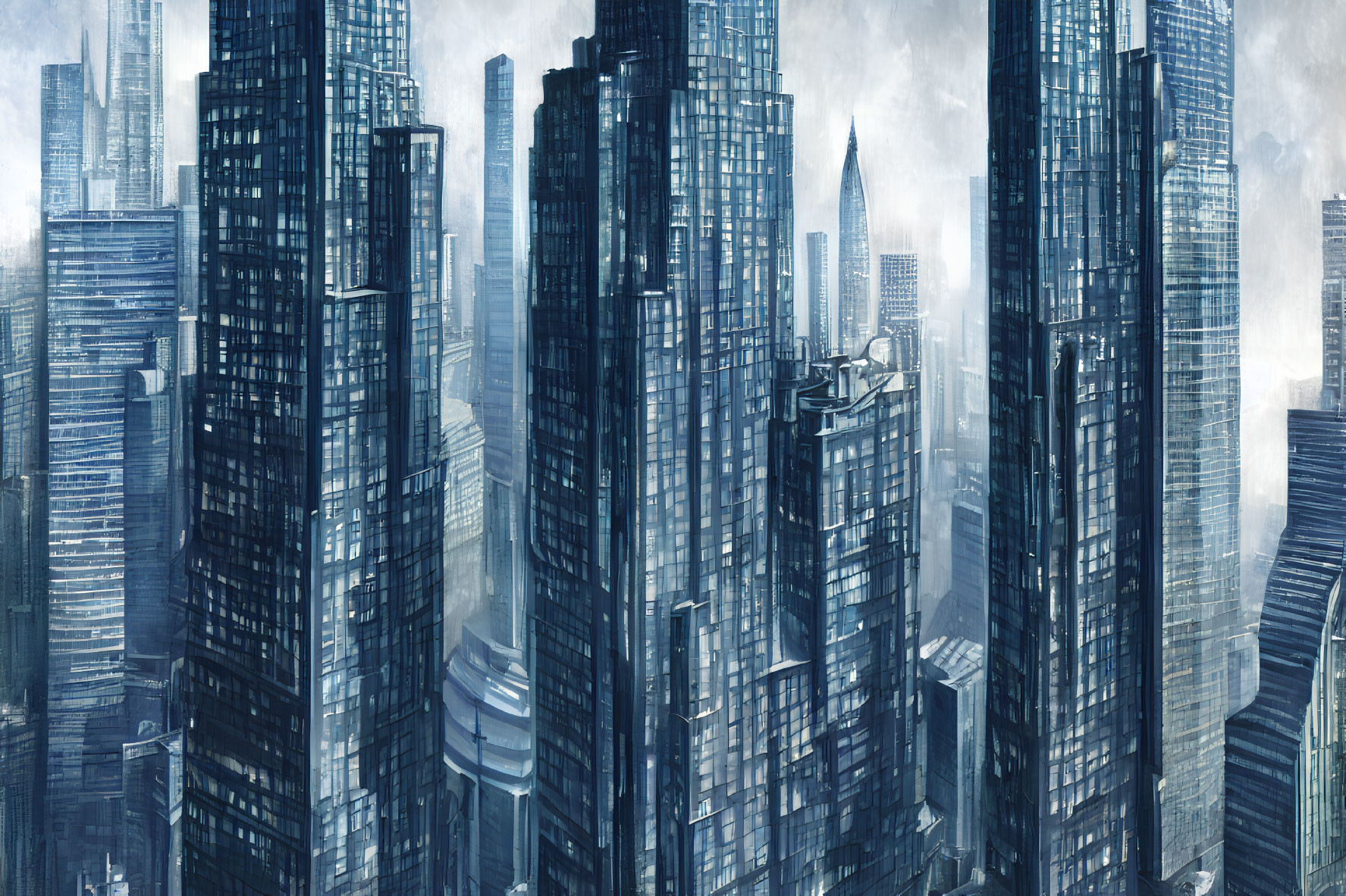 Dense, towering skyscrapers in futuristic cityscape under blue light