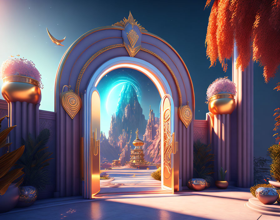 Fantasy gate leading to magical landscape with glowing orb, mountains, buildings, twilight sky