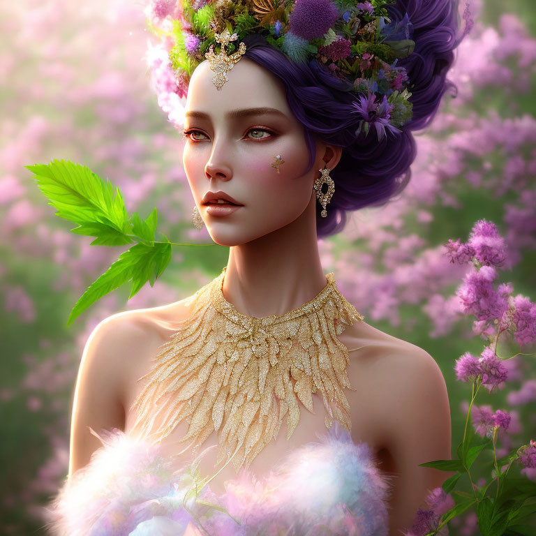 Portrait of Woman with Purple Hair and Flowers, Golden Jewelry, Serene Expression, Pink Blossoms
