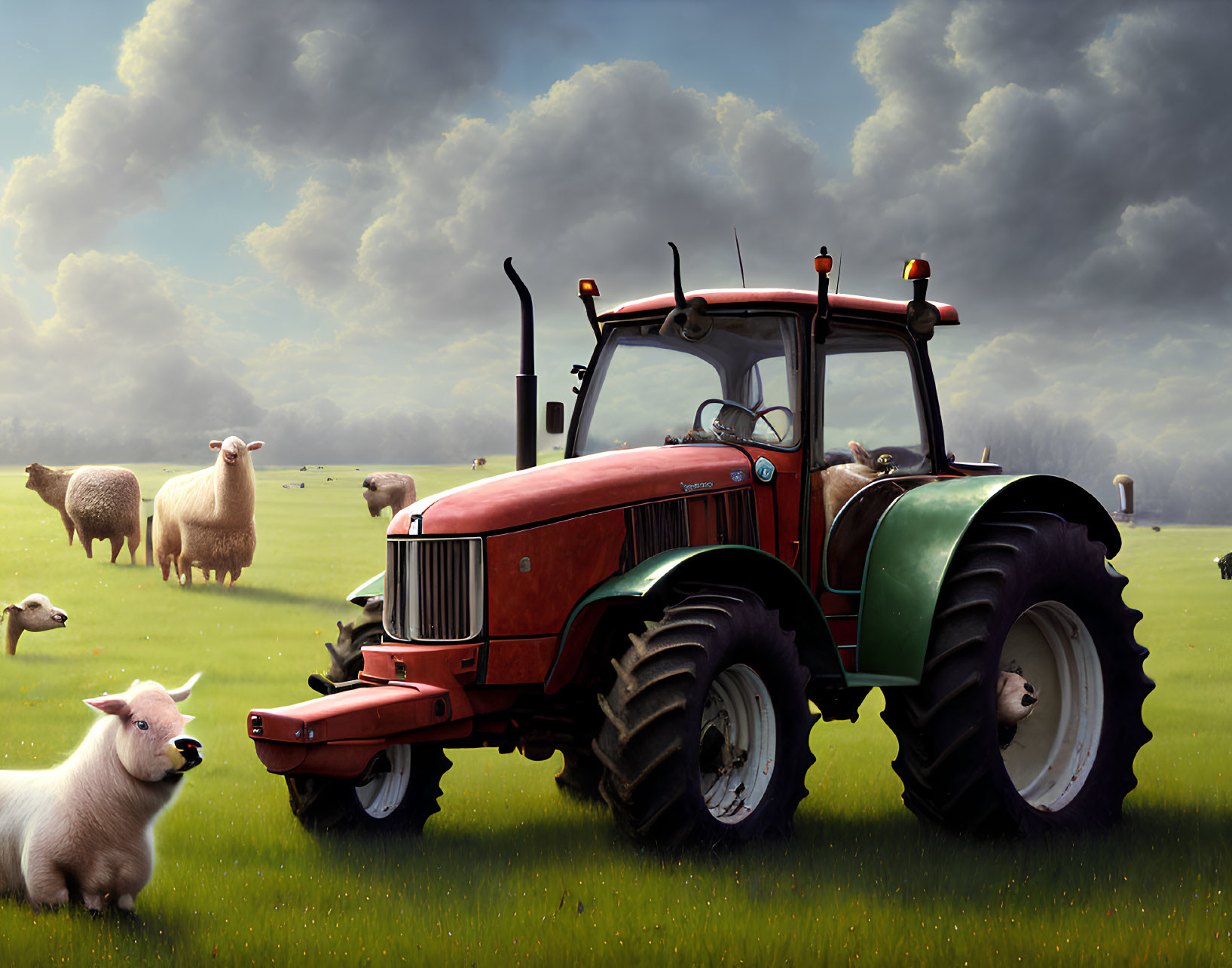 Red and Green Tractor with Sheep on Grassy Field under Cloudy Sky