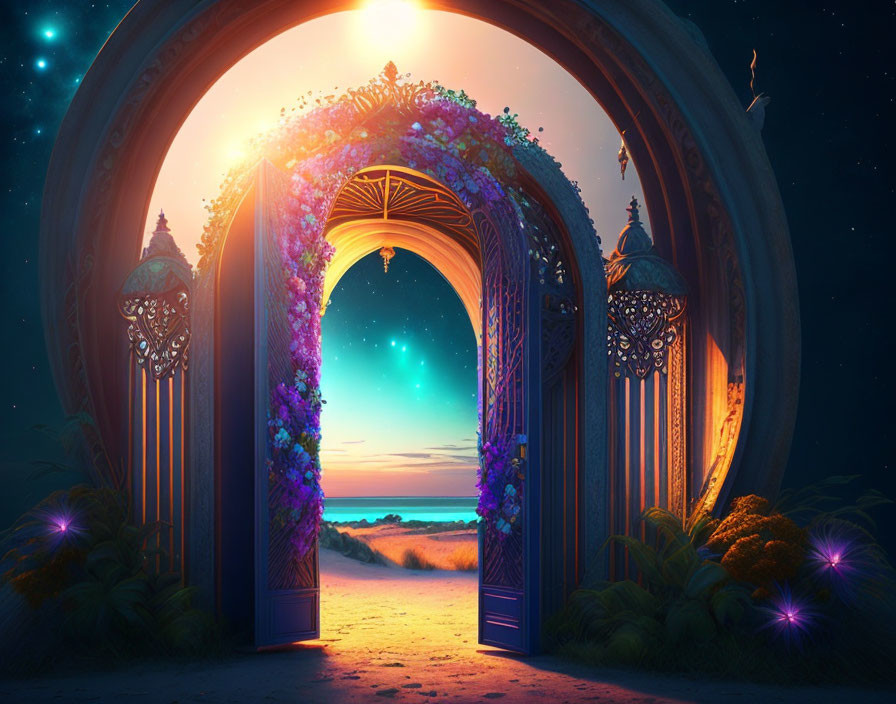 Ornate gate with flowers opens to starlit beach at night