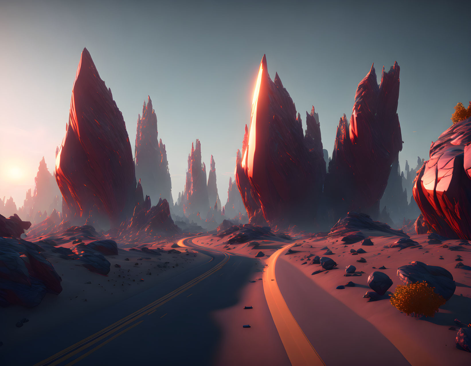Surreal landscape with red rock formations, winding road, and warm sunset.