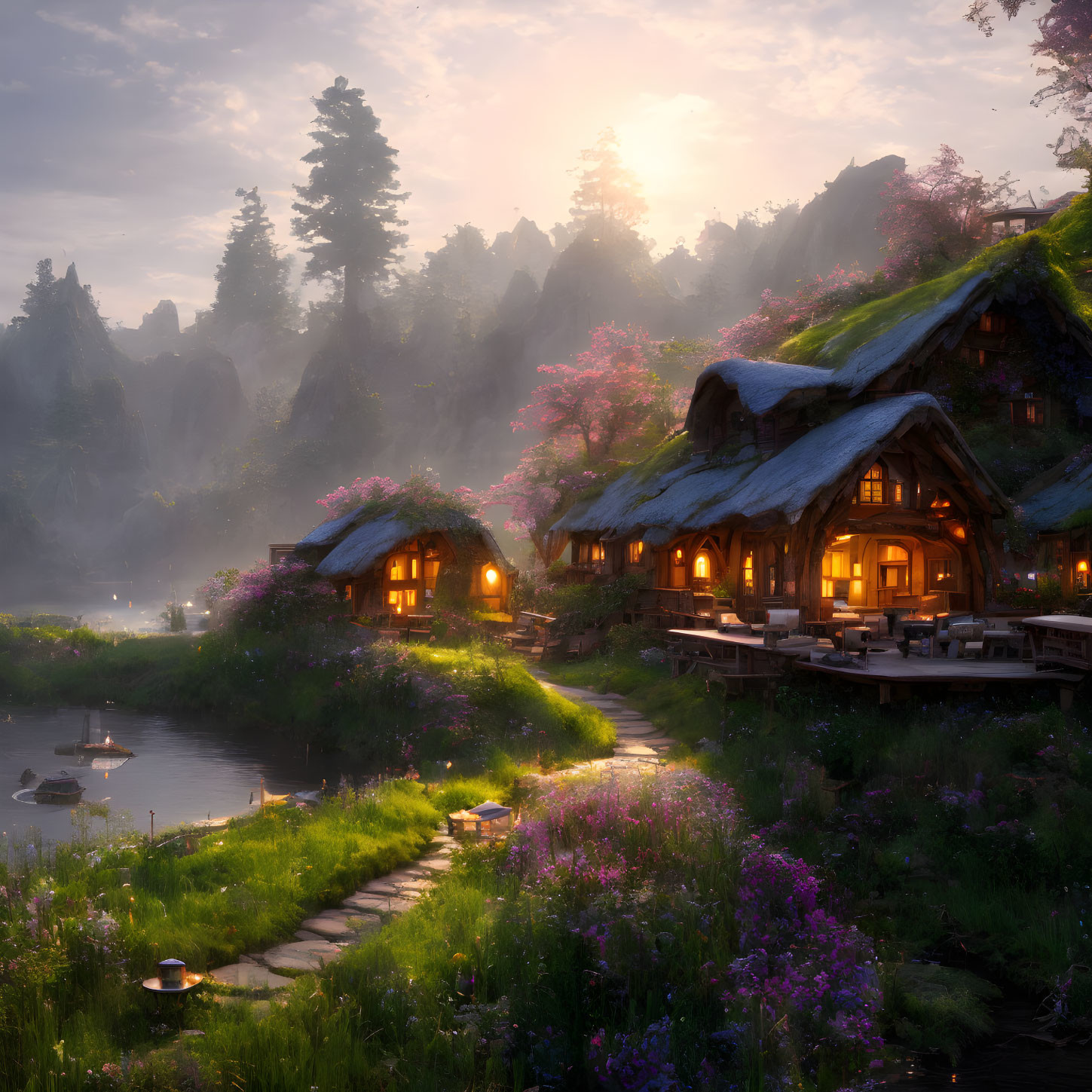 Thatched houses in serene village with glowing windows, blooming flowers, tranquil river, and misty