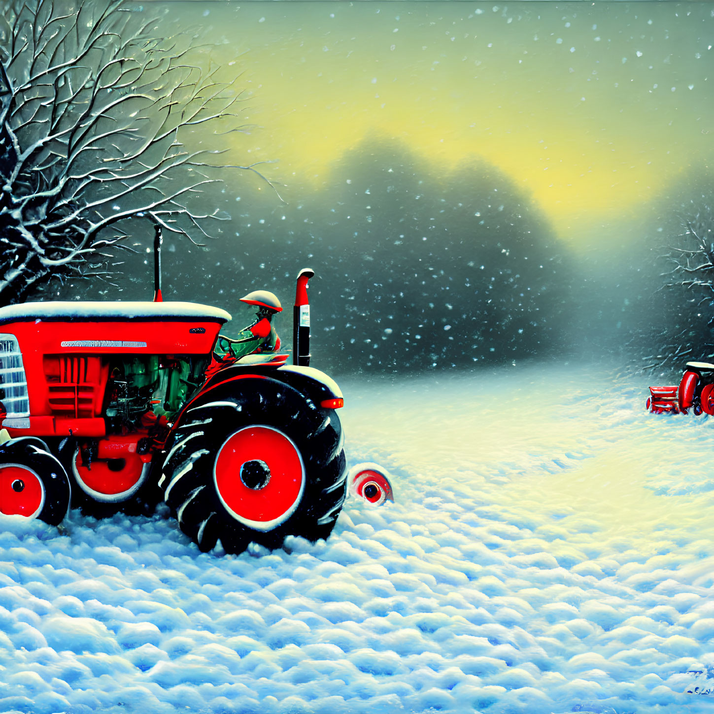 Red-coated person drives red tractor in snow-covered landscape with bare trees and golden sky.