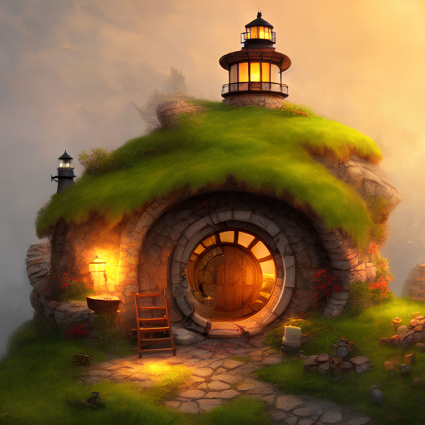 Cottage with grassy roof, lighthouse, misty glow, wooden door, stone walls