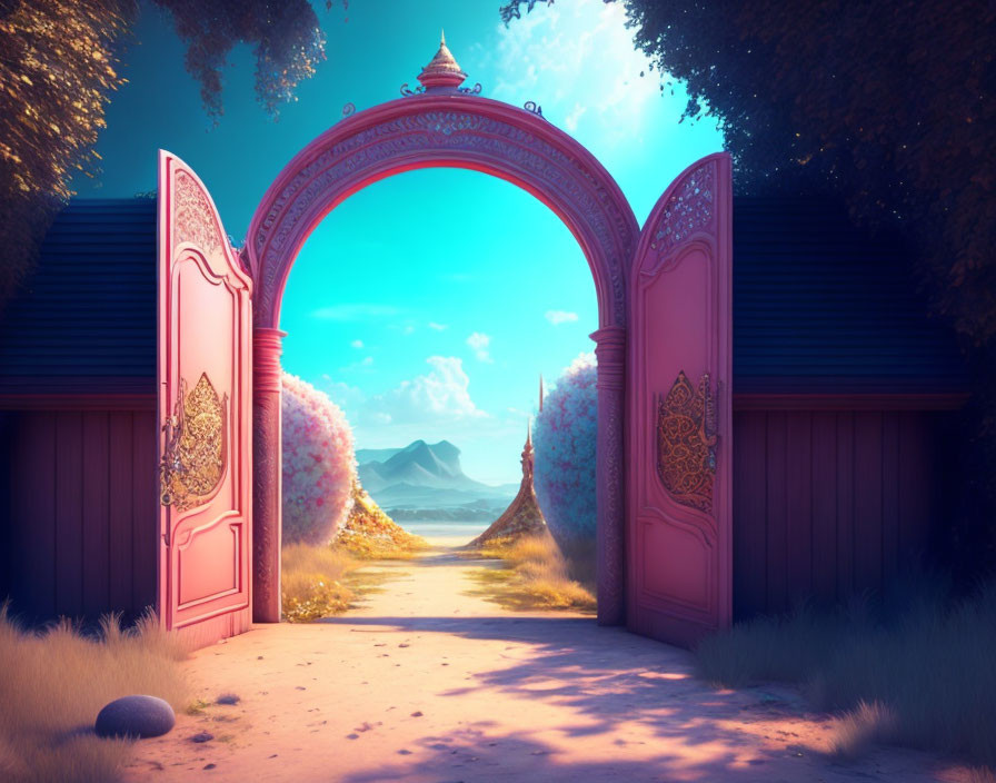 Ornate Pink Gates Leading to Serene Path & Mountains