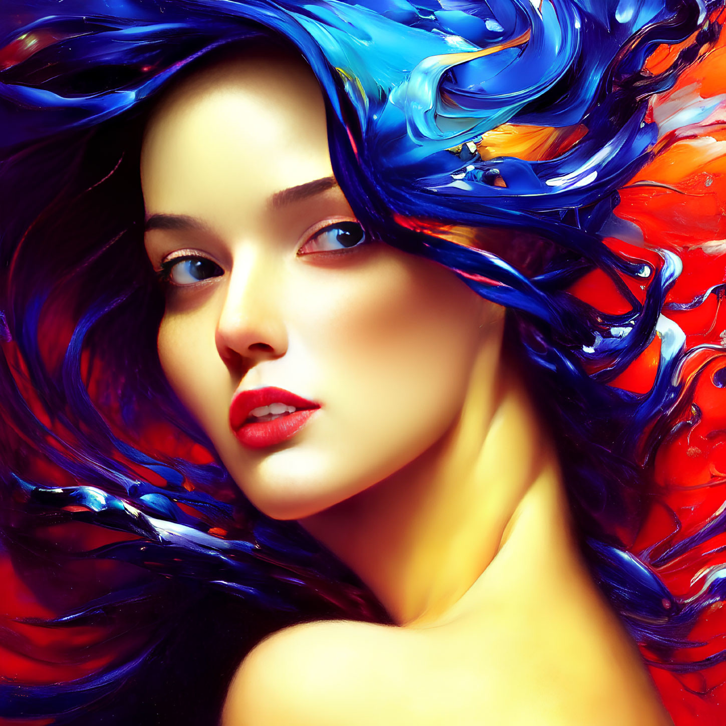 Colorful Portrait of Woman with Vibrant Blue and Red Hair