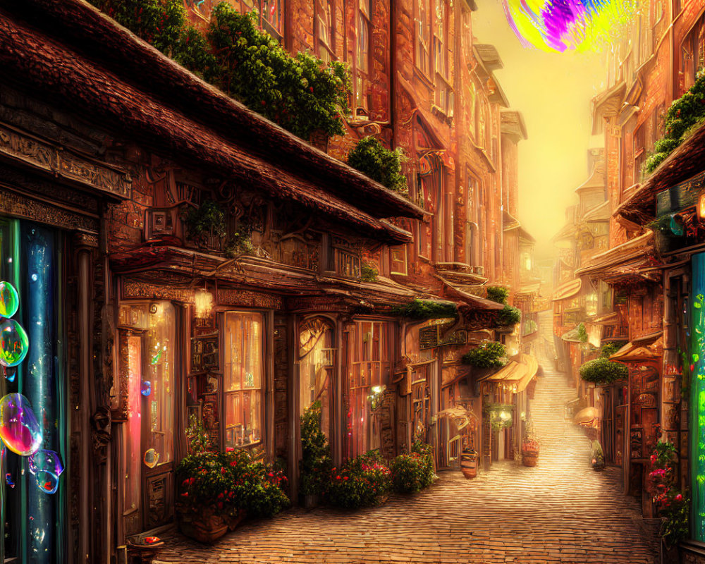 Fantasy cobblestone alley with colorful glowing windows and floating soap bubbles