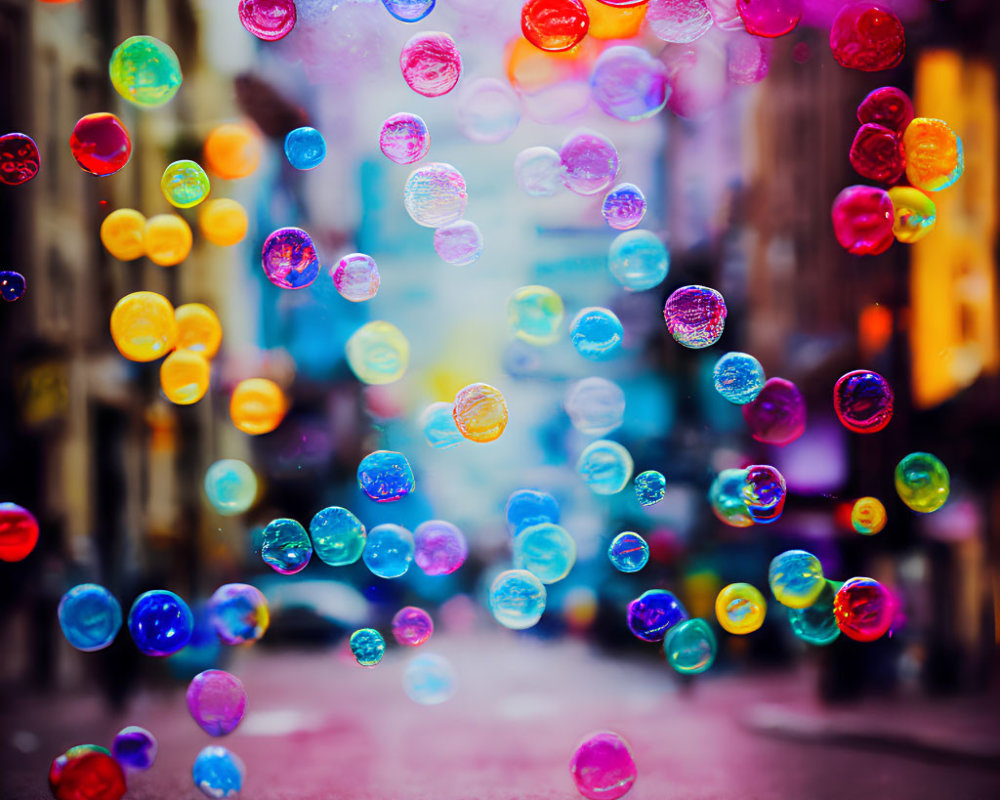 Vibrant soap bubbles in city street with blurred buildings