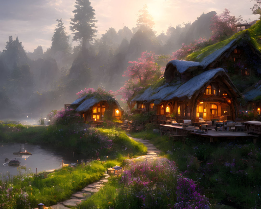 Thatched houses in serene village with glowing windows, blooming flowers, tranquil river, and misty