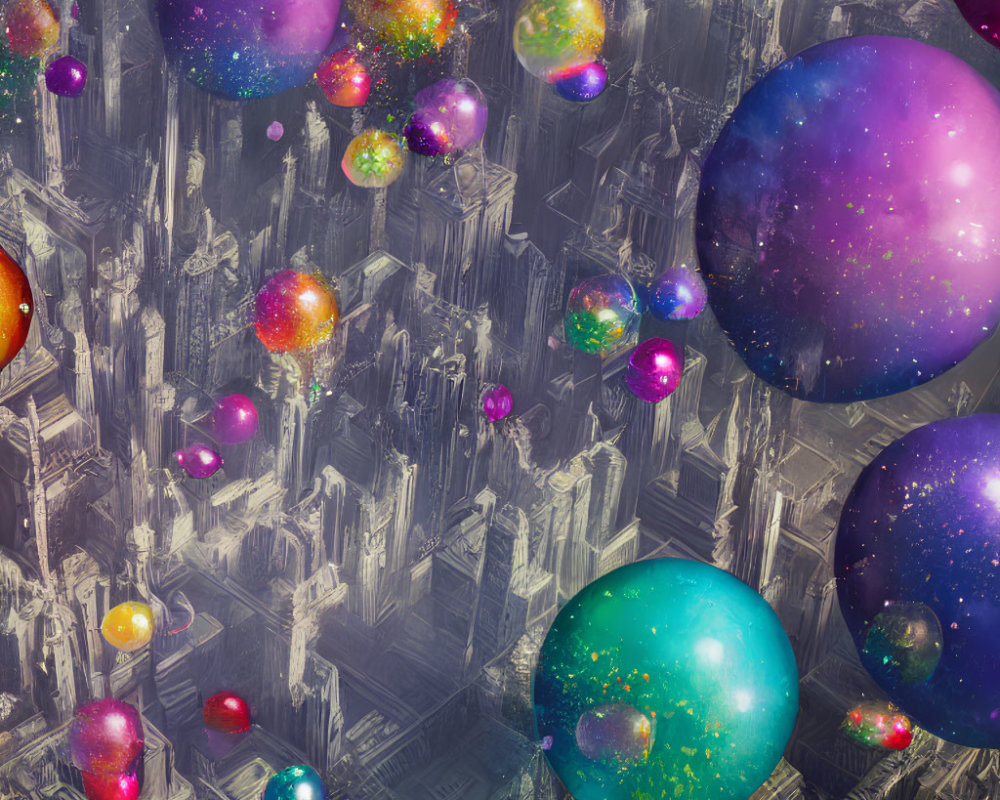 Surreal cityscape with metallic towers and floating cosmic orbs