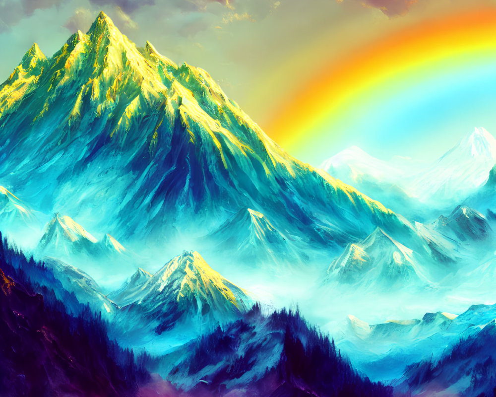 Colorful painting of majestic mountains with vibrant rainbow over snowy peaks
