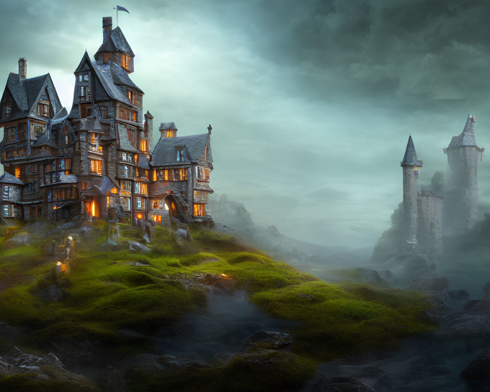 Enchanted mansion on misty hillock with dramatic twilight sky