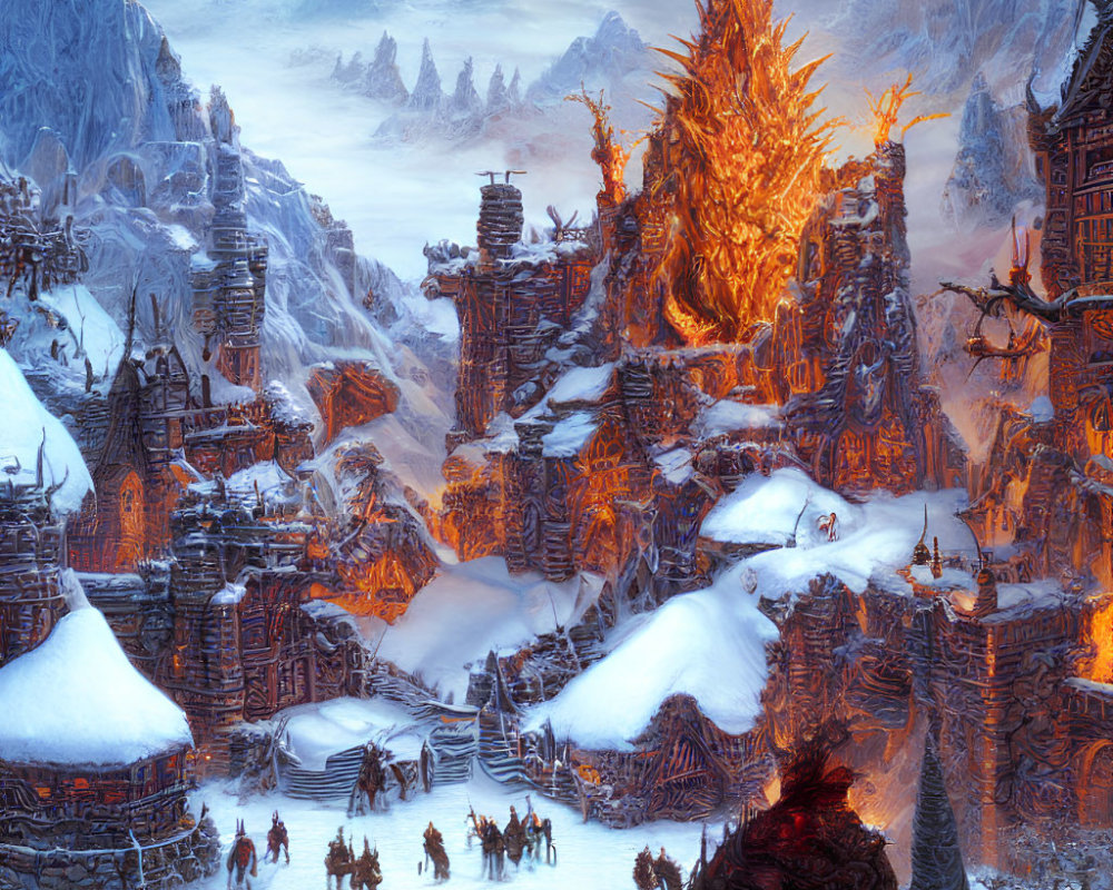 Fantasy icy landscape with glowing central structure and snow-covered medieval buildings.
