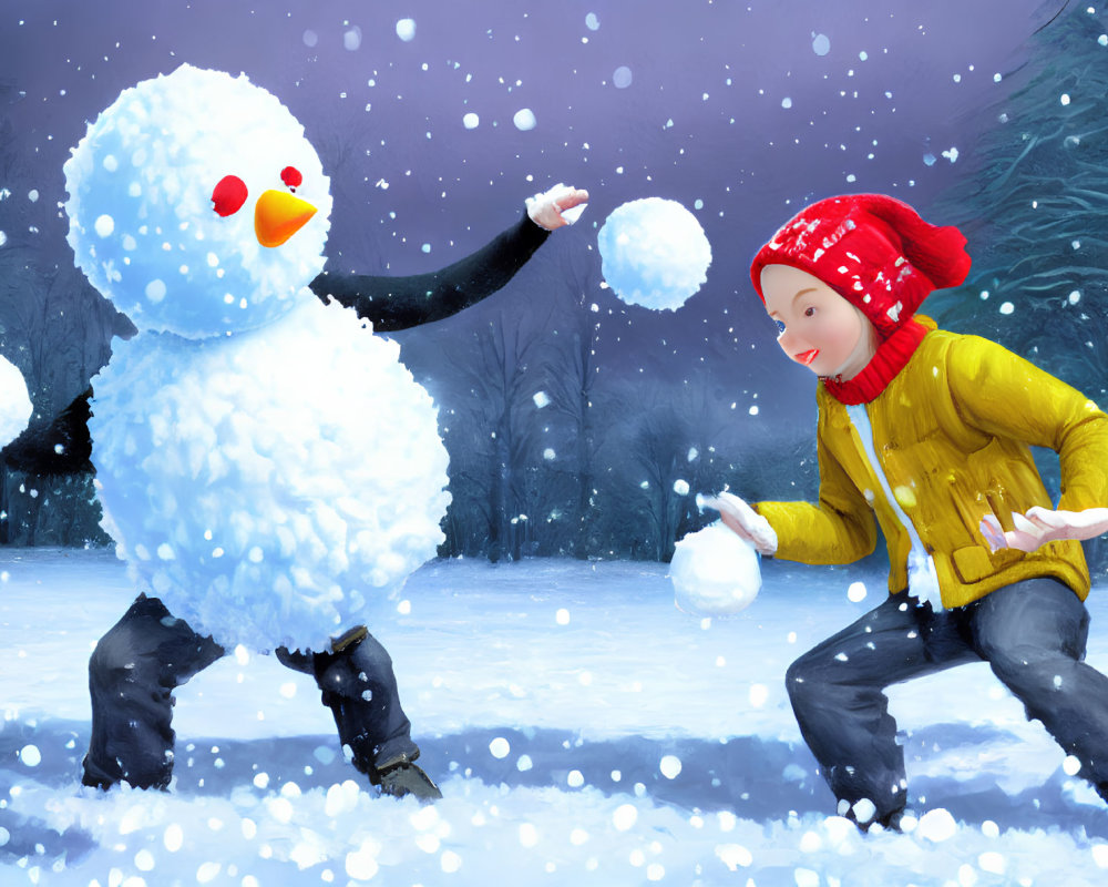 Child playing with snowball near smiling snowman in snowy landscape