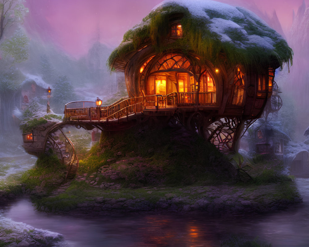Glowing snow-capped treehouse in mystical landscape