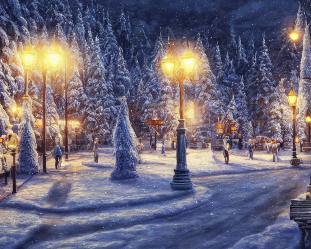 Snowy winter night scene with glowing street lamps, snow-covered trees, and park visitors.