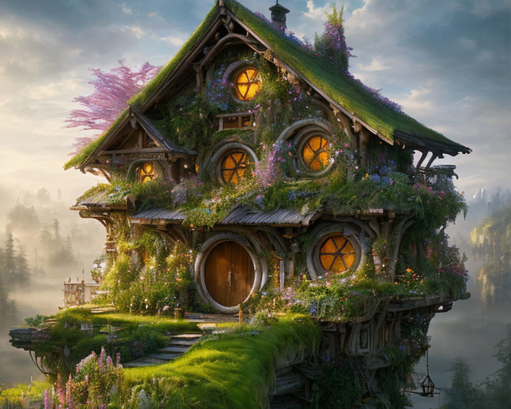 Fantasy cottage on cliff with greenery, flowers, and warm lights