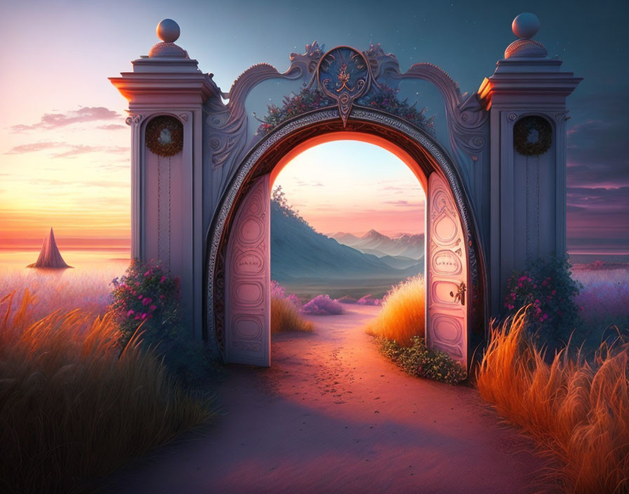 Ornate open gate with mountains and sunrise sky