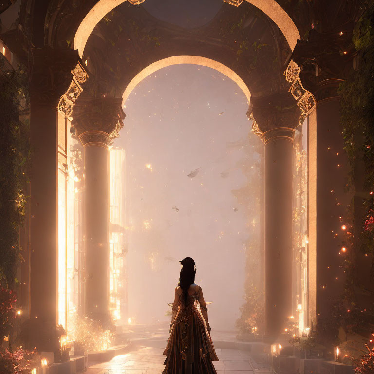 Woman in dark dress standing before illuminated archway with vines - ethereal setting