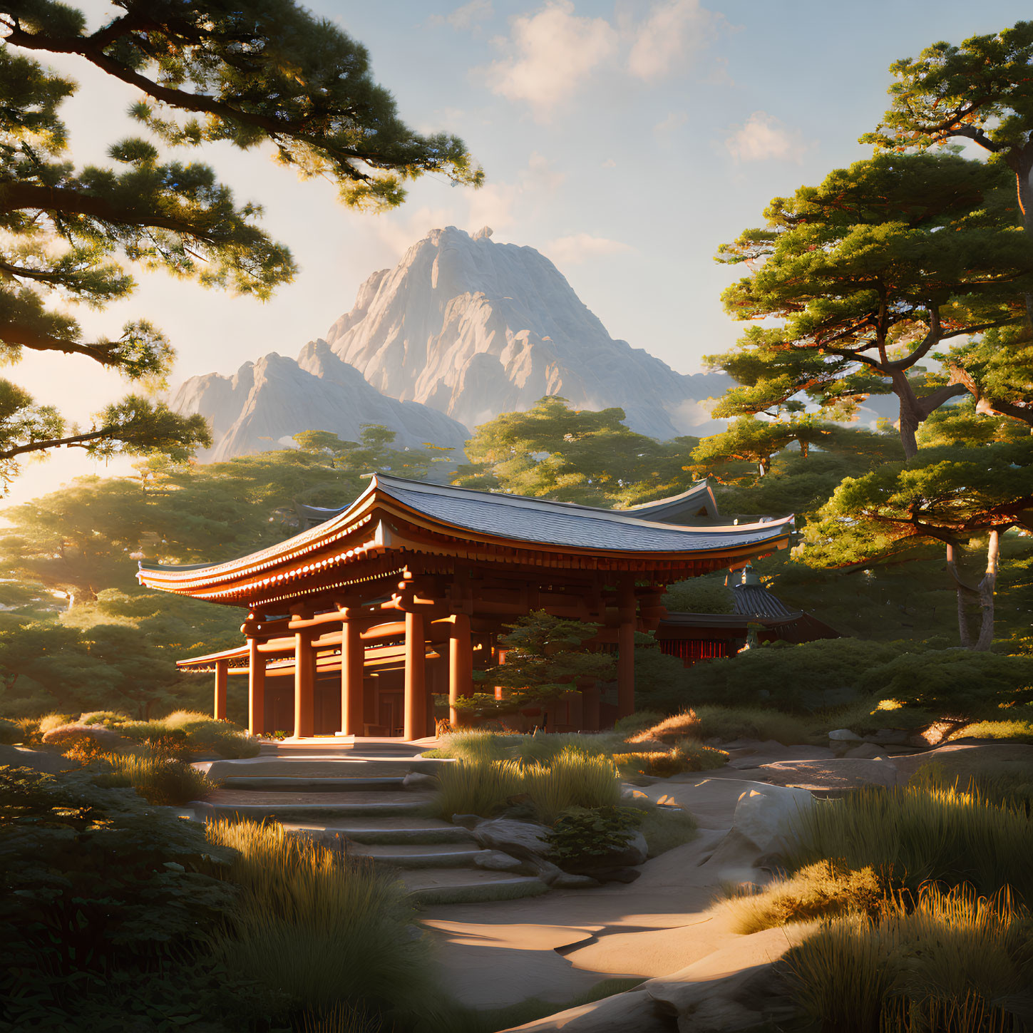 Serene forest setting with traditional East Asian temple architecture
