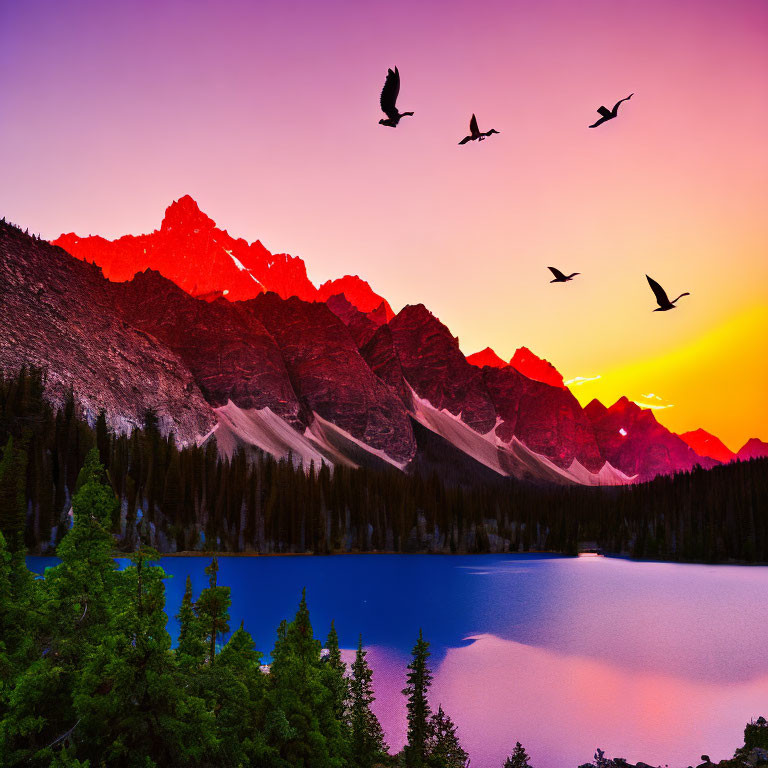 Vibrant Sunset Over Mountain Range with Birds Flying and Blue Lake