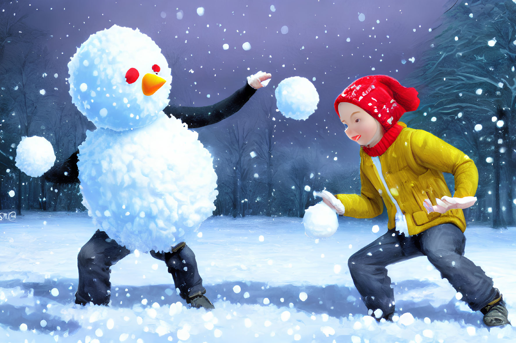 Child playing with snowball near smiling snowman in snowy landscape