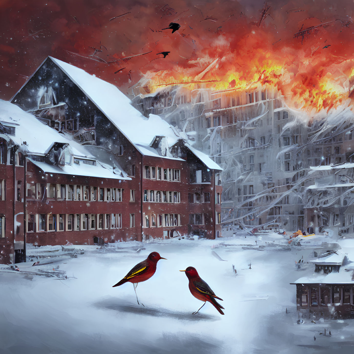 Snowy scene with birds, burning building, and tumultuous sky.