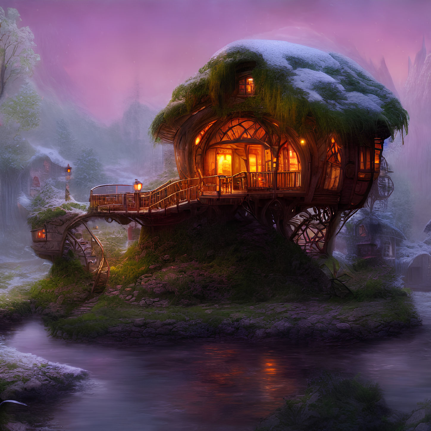 Glowing snow-capped treehouse in mystical landscape