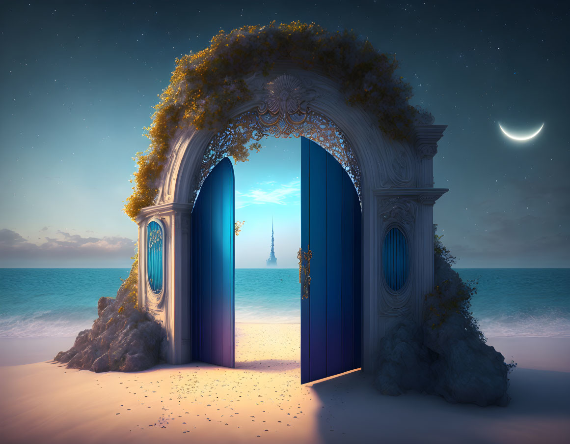Ornate open doorway on beach with distant tower and crescent moon