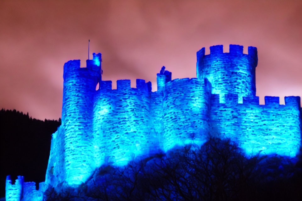 Blue illuminated castle against reddish night sky with silhouetted trees