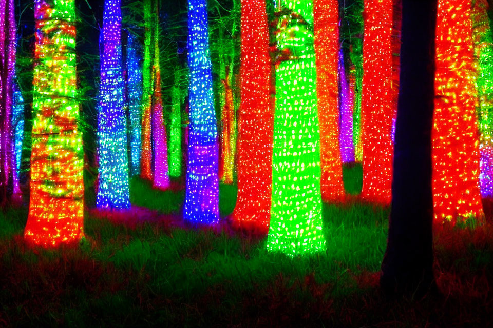 Colorful LED Lights Illuminate Forest Trees at Night