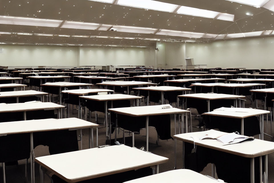Spacious examination room with white desks and chairs under bright lights