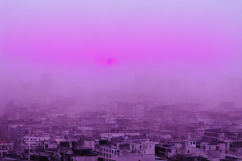 Urban skyline engulfed in purple fog with distant sun outline.
