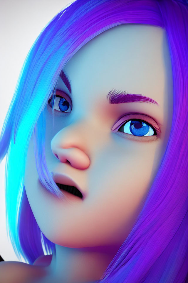 Vivid Purple and Blue Hair on 3D Animated Female Character