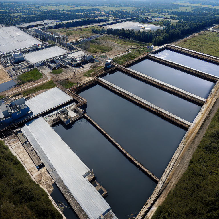 Aerial View of Wastewater Treatment Plant with Settling Ponds