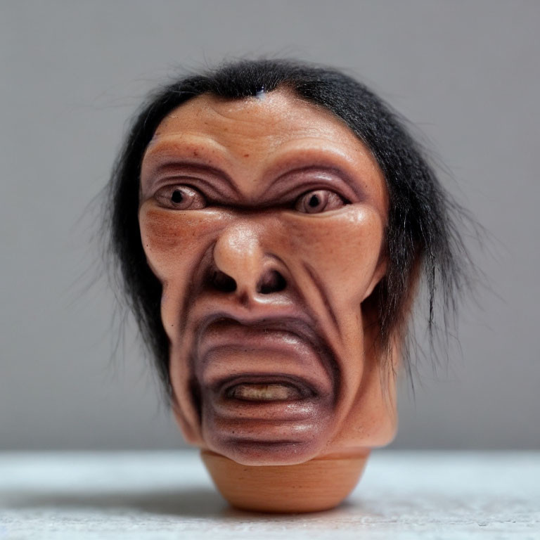 Realistic human face sculpture with furrowed brows and black hair on wooden base