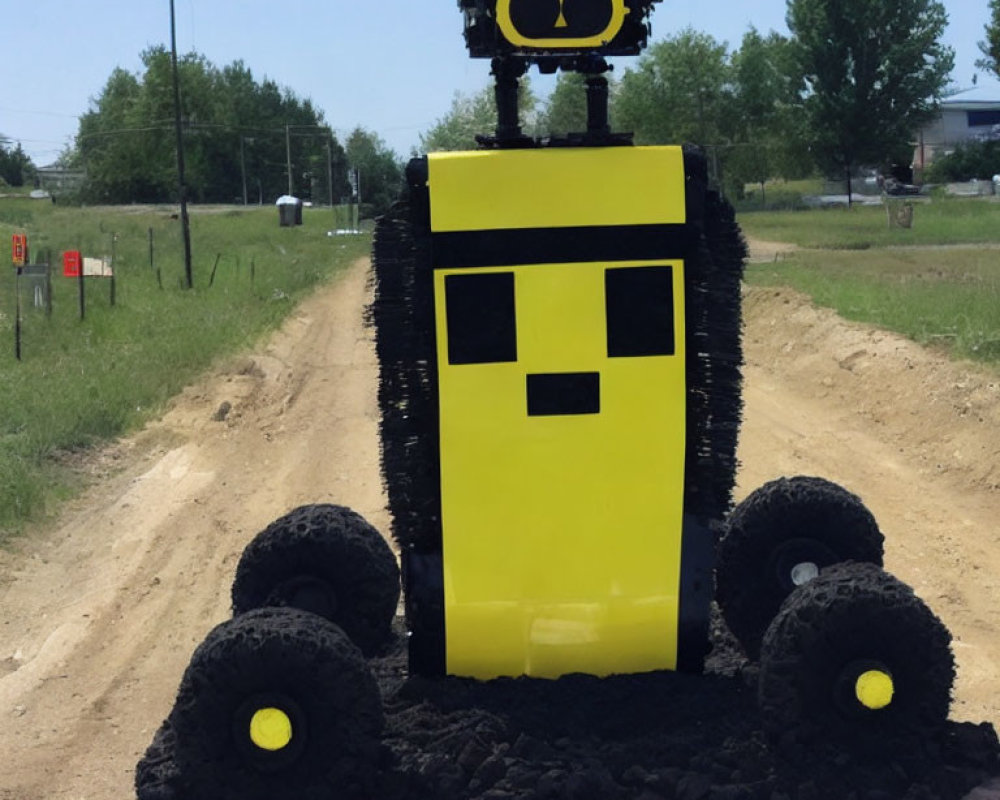 Yellow and Black Robot-Shaped Structure with Square Head and Wheels on Dirt Path