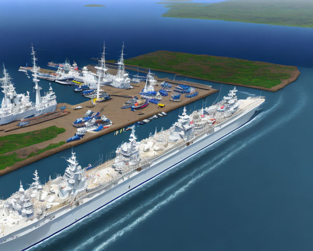 Naval Port with Ships: Digital Rendering of Aircraft Carriers and Submarines on Clear Day