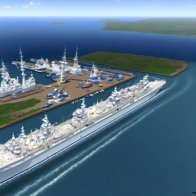 Naval Port with Ships: Digital Rendering of Aircraft Carriers and Submarines on Clear Day