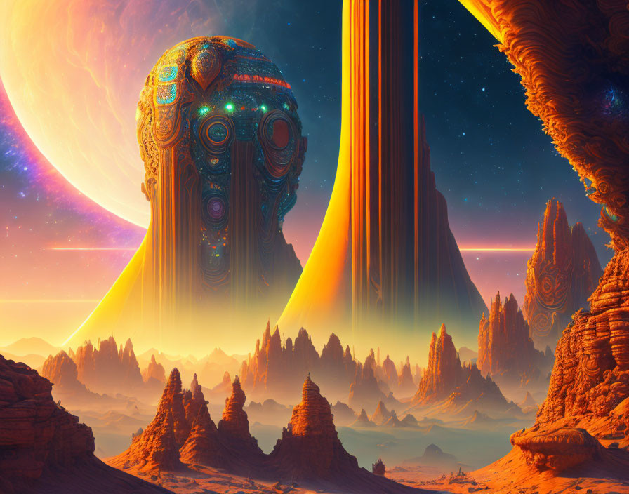 Alien structures in orange rocky landscape with giant planet sky