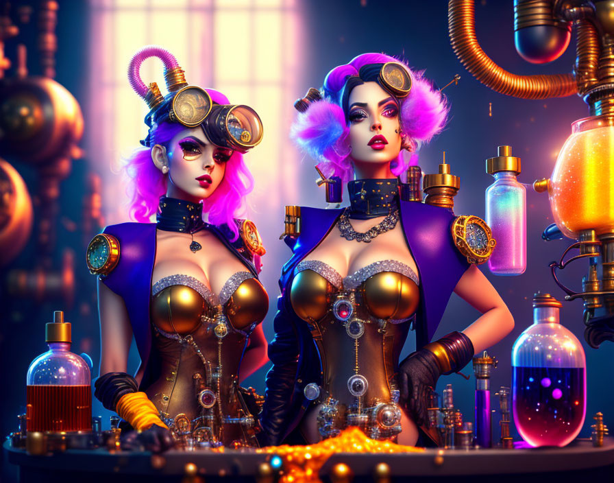 Stylized female characters in steampunk attire with potions and pipes