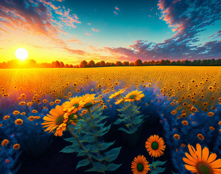 Vibrant sunset over blooming sunflowers with dramatic cloudy sky