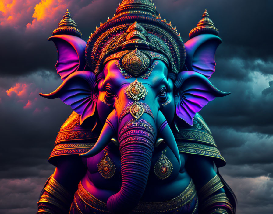 Colorful Ornate Elephant Against Dramatic Sky