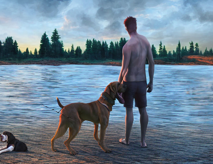 Shirtless man with dogs by lake at dusk