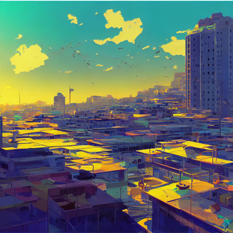 Vibrant cityscape with high-rise and low-rise buildings in warm sunlight